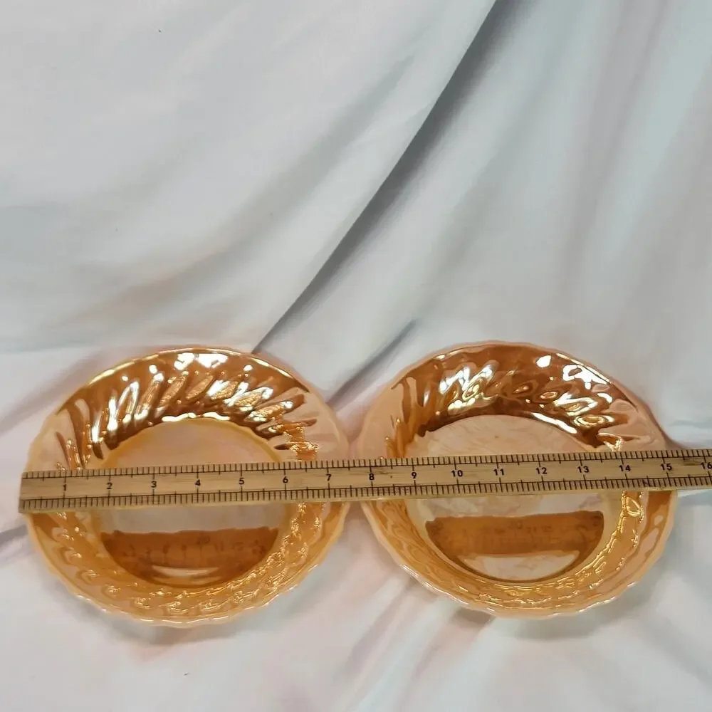 Set of 2 Anchor Hocking Fire King Peach Lustre Shell‎ Swirl Pasta Bowls 8 1/2